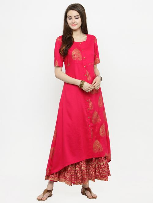 fuchsia gold printed kurta with skirt set - 15031183 - Very Small Image - 1
