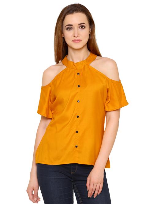 yellow rayon cold shoulder top - 15032889 - Very Small Image - 1