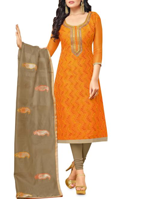 orange chanderi cotton unstitched suit - 15033138 - Very Small Image - 1