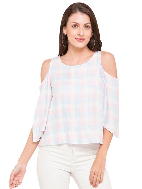 pink checkered boxy cold shoulder top - 15034147 - Very Small Image - 1
