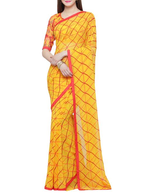 yellow printed saree with blouse - 15035784 - Very Small Image - 1