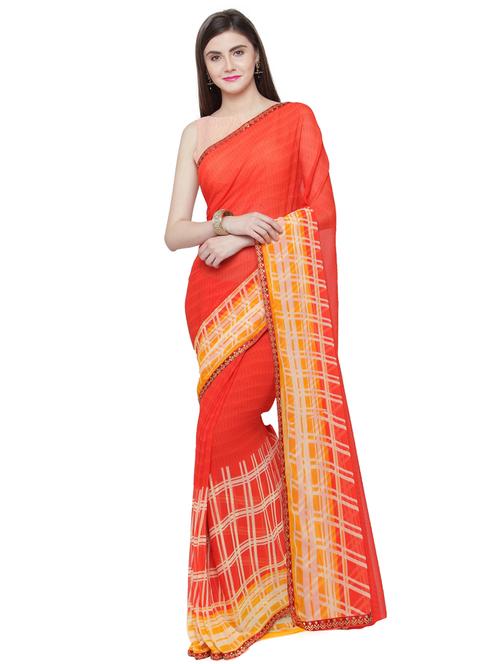 orange georgette printed saree with blouse - 15035788 - Very Small Image - 1