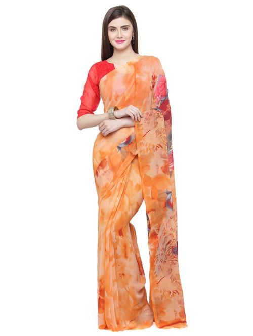 orange georgette printed saree with blouse - 15035797 - Very Small Image - 1