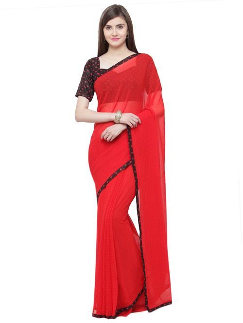 red georgette plain saree with blouse - 15035814 - Very Small Image - 1