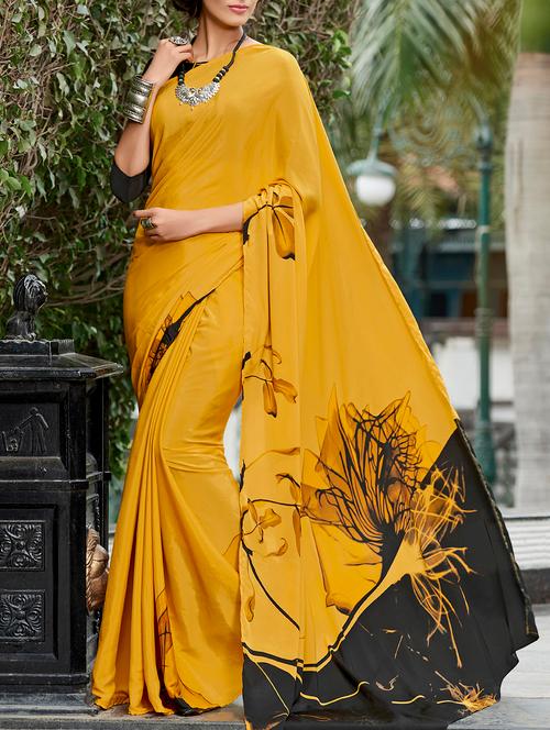 yellow crepe printed saree with blouse - 15036459 - Very Small Image - 1