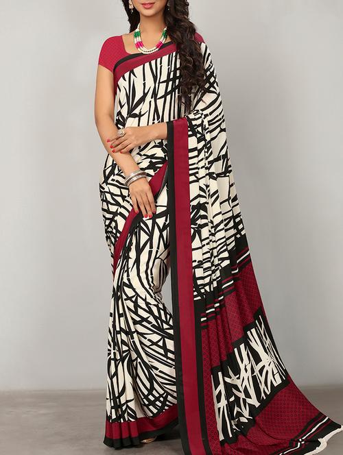 cream crepe printed saree with blouse - 15037123 - Very Small Image - 1