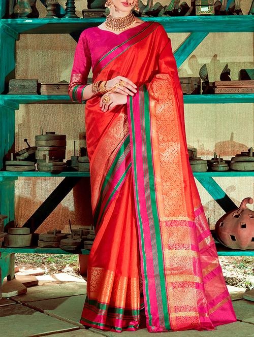 red silk bordered saree with blouse - 15037129 - Very Small Image - 1