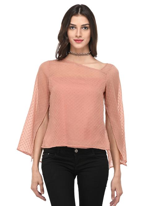 pink solid dobby slit sleeved top - 15037172 - Very Small Image - 1