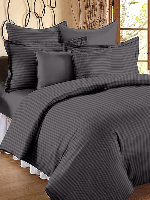self striped double bed elastic fitted bedsheet with 2 pillow covers - 15038307 - Very Small Image - 1