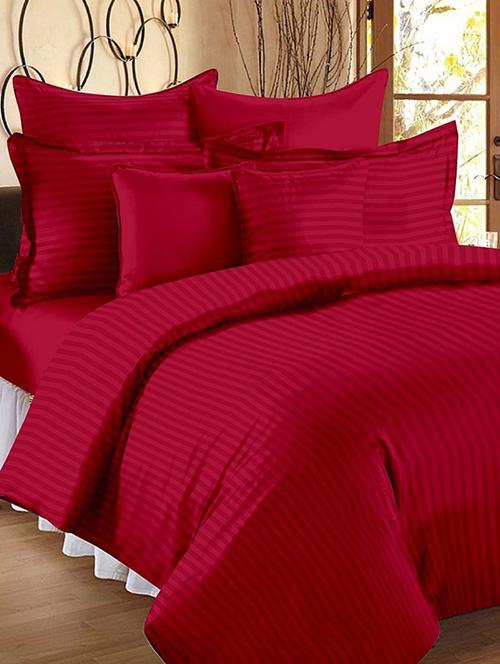 self striped double bed elastic fitted bedsheet with 2 pillow covers - 15038317 - Very Small Image - 1