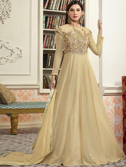 cream embroidered semi-stitched anarkali suit - 15038401 - Very Small Image - 1