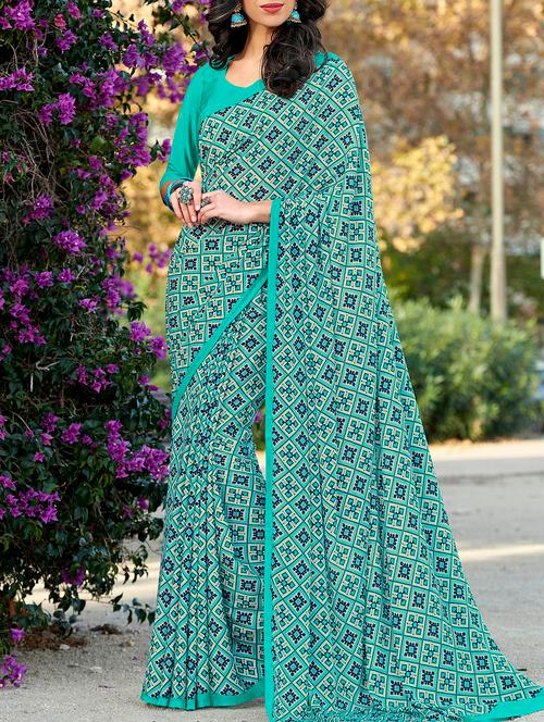 turquoise georgette printed saree with blouse - 15039515 - Very Small Image - 1