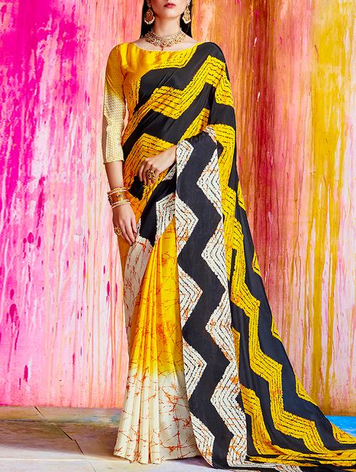 yellow silk blend printed saree with blouse - 15041740 - Very Small Image - 1