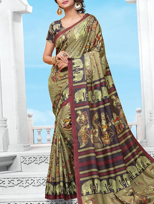 olive green silk blend printed saree with blouse - 15041749 - Very Small Image - 1