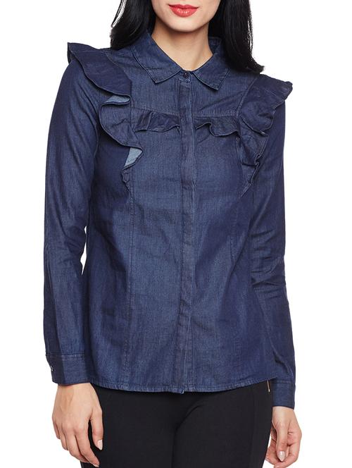 navy blue solid ruffled shirt - 15042604 - Very Small Image - 1