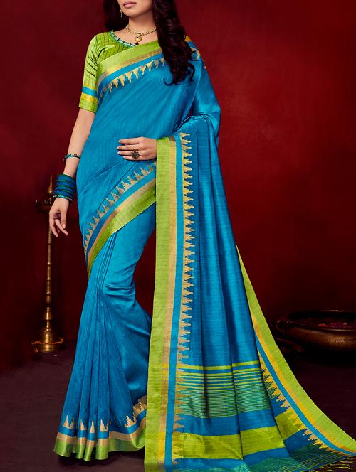 blue bordered saree with blouse - 15044149 - Very Small Image - 1