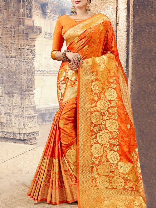 orange silk saree with blouse - 15044150 - Very Small Image - 1