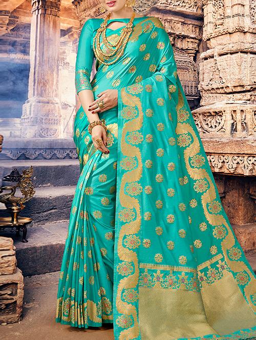 turquoise silk saree with blouse - 15044155 - Very Small Image - 1
