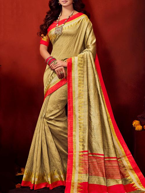 beige bordered saree with blouse - 15044156 - Very Small Image - 1