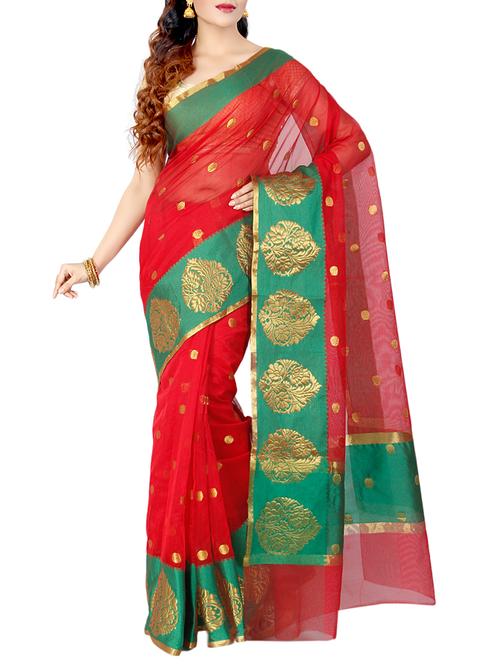 red cotton blend woven saree - 15046530 - Very Small Image - 1