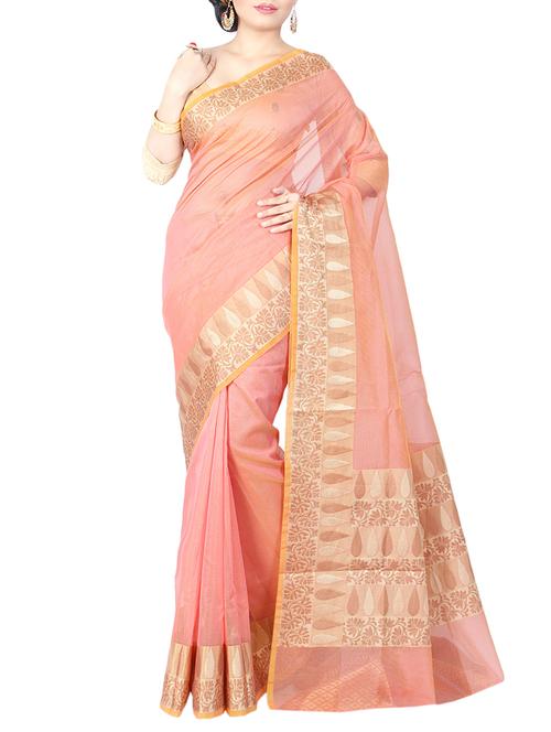 pink cotton blend bordered saree - 15046537 - Very Small Image - 1