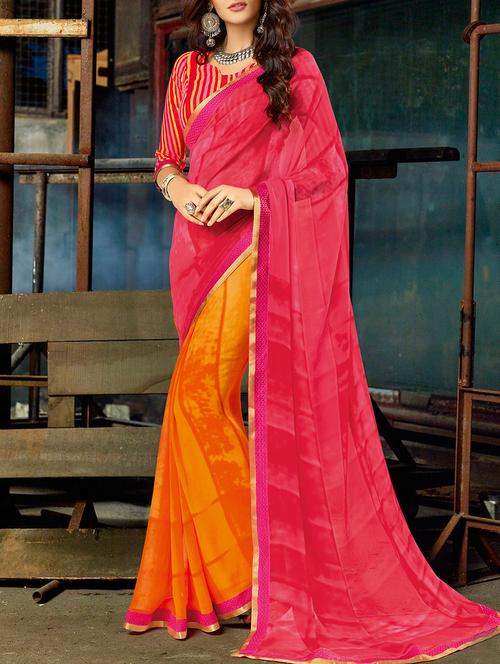 pink georgette half & half saree with blouse - 15046712 - Very Small Image - 1