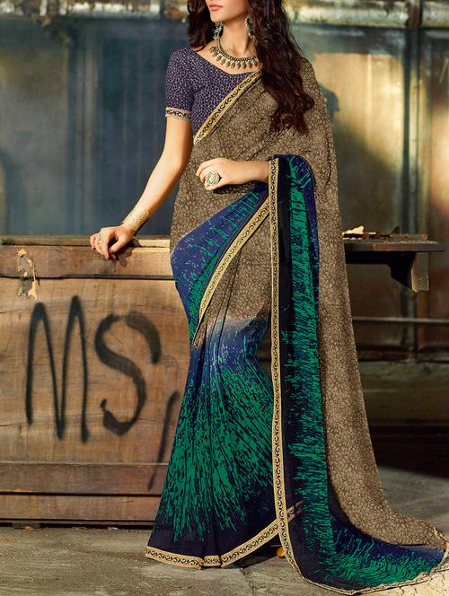 brown georgette printed saree with blouse - 15046719 - Very Small Image - 1