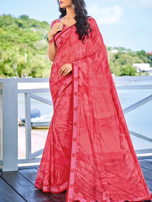 floral embroidered lace printed saree with blouse - 15046733 - Very Small Image - 1