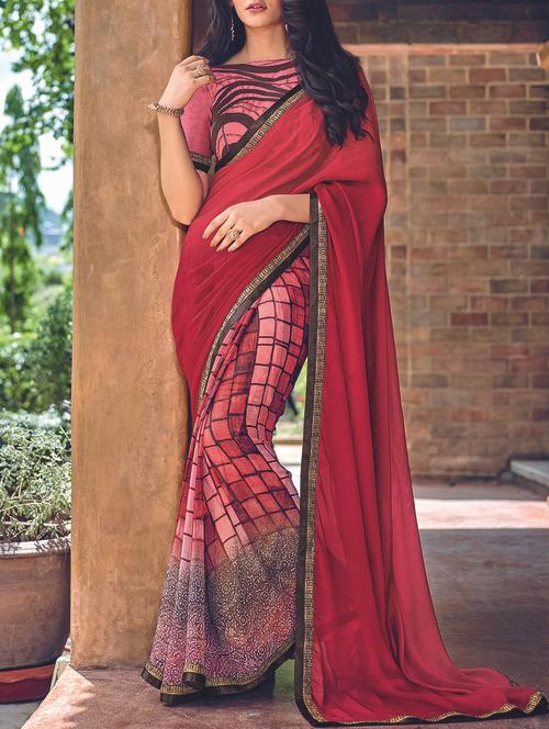 checkered half & half saree with blouse - 15046741 - Very Small Image - 1
