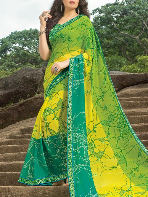 green georgette printed saree with blouse - 15046757 - Very Small Image - 1