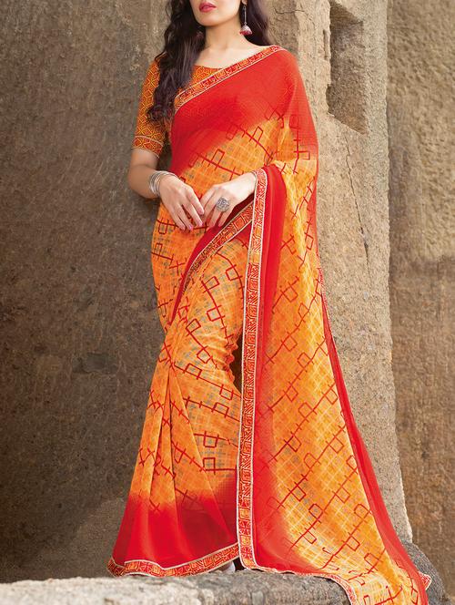 orange georgette printed saree with blouse - 15046758 - Very Small Image - 1