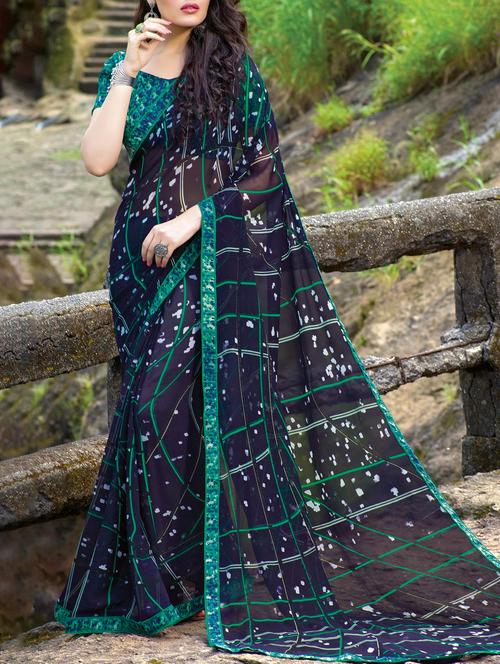 blue georgette printed saree with blouse - 15046760 - Very Small Image - 1