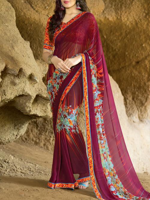 floral printed purple saree with blouse - 15046765 - Very Small Image - 1