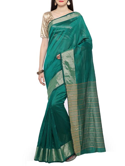 turquoise cotton bordered saree with blouse - 15046853 - Very Small Image - 1