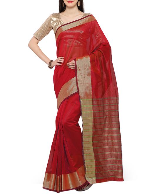 maroon cotton bordered saree with blouse - 15046855 - Very Small Image - 1