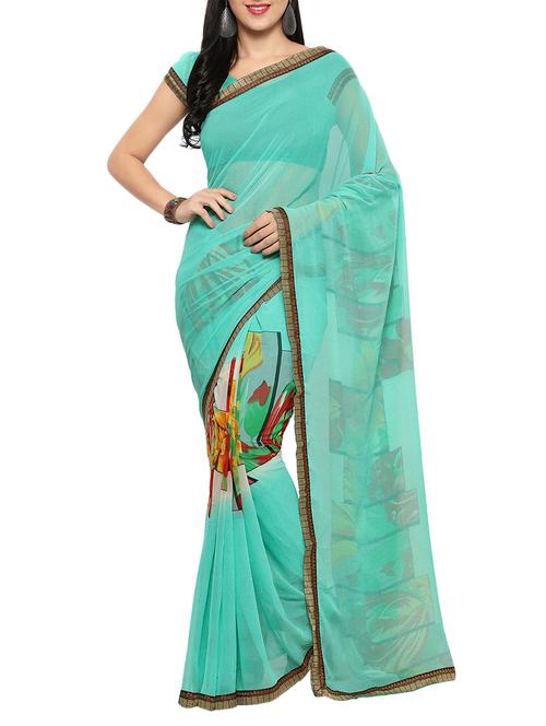 turquoise georgette printed saree with blouse - 15046860 - Very Small Image - 1