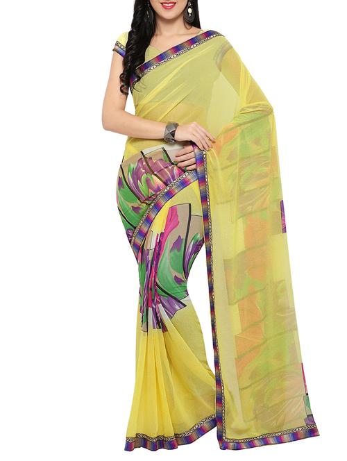 yellow georgette printed saree with blouse - 15046861 - Very Small Image - 1