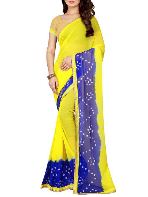 yellow chiffon bandhani saree with blouse - 15047189 - Very Small Image - 1