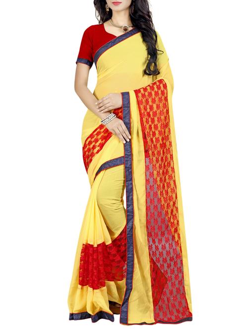 yellow georgette bordered saree with blouse - 15047236 - Very Small Image - 1