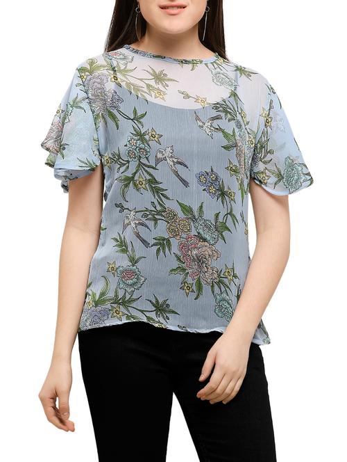 botanical print ruffle sleeved top - 15047855 - Very Small Image - 1