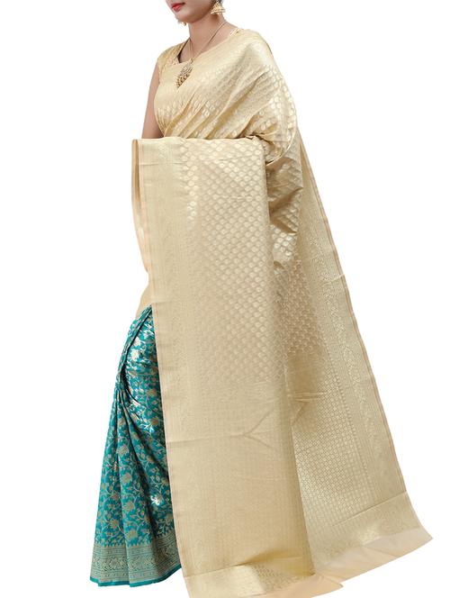 zari motifs half and half saree with blouse - 15048754 - Very Small Image - 1