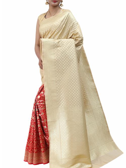 zari motifs half and half saree with blouse - 15048789 - Very Small Image - 1