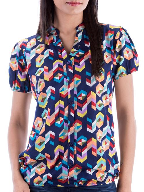 mandarin neck geometric printed top - 15049774 - Very Small Image - 1