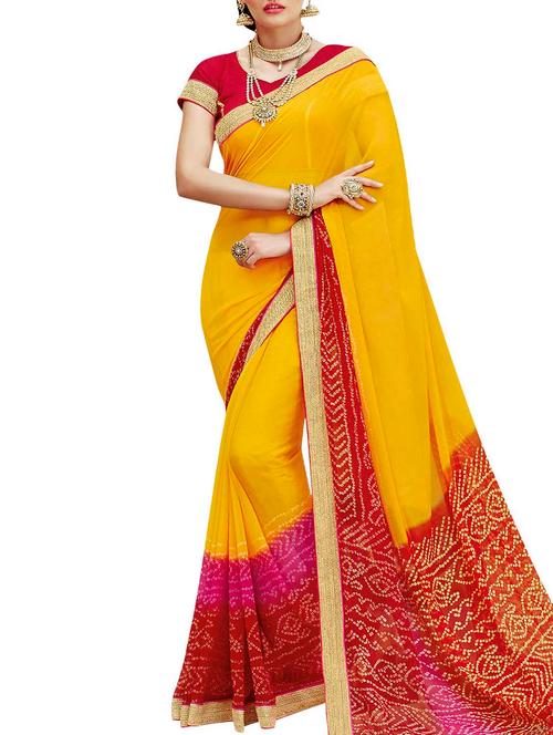 yellow georgette bandhani saree with blouse - 15050503 - Very Small Image - 1