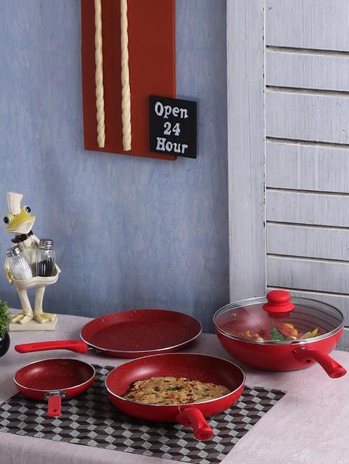 induction base aluminium cookware set with free mini frying pan, 4-pieces, red - 15051155 - Very Small Image - 1