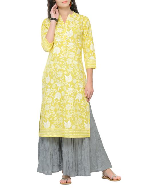 lime yellow khadi printed kurta - 15051863 - Very Small Image - 1