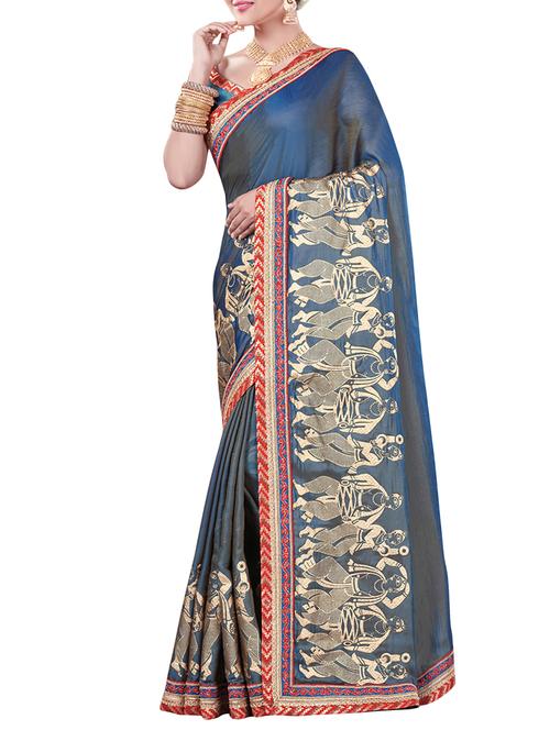 blue cotton printed saree with blouse - 15052379 - Very Small Image - 1