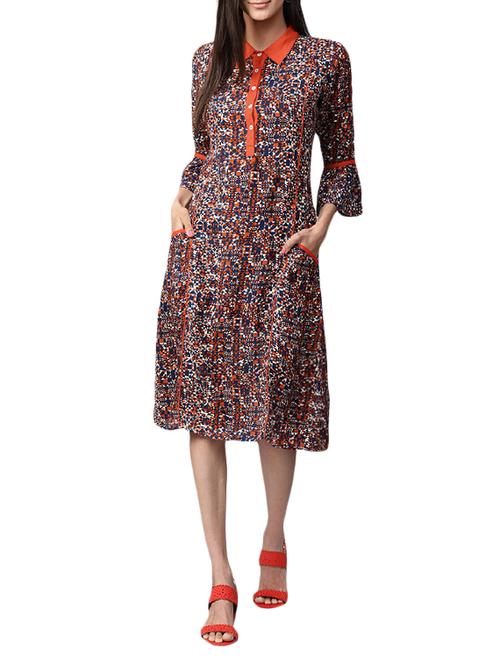 contrast detail flute sleeved a-line dress - 15052436 - Very Small Image - 1