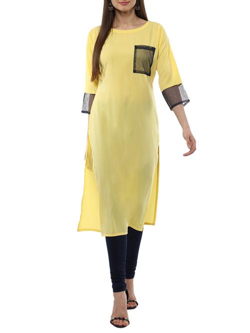 yellow crepe solid kurta - 15052621 - Very Small Image - 1
