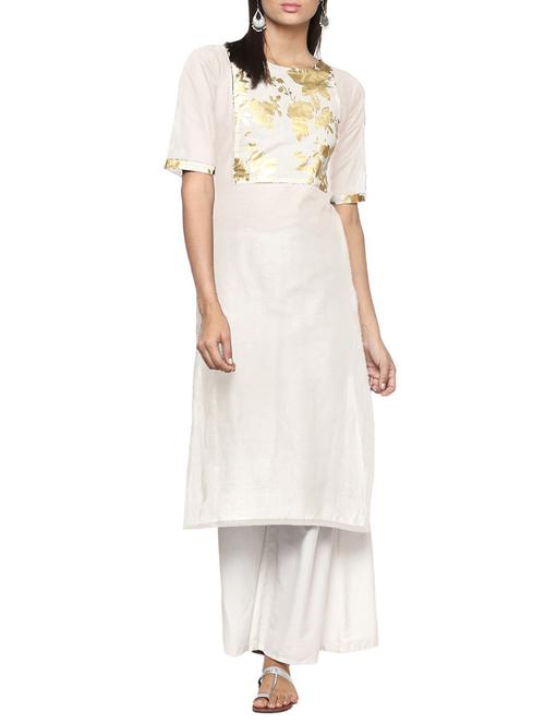 cream cotton solid kurta - 15052635 - Very Small Image - 1